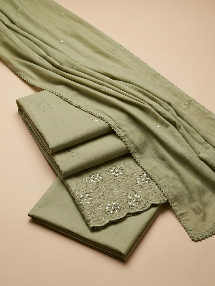 Mehndi Embroidered Cotton Blend Unstitched Suit &amp; Pant With Cotton Dupatta