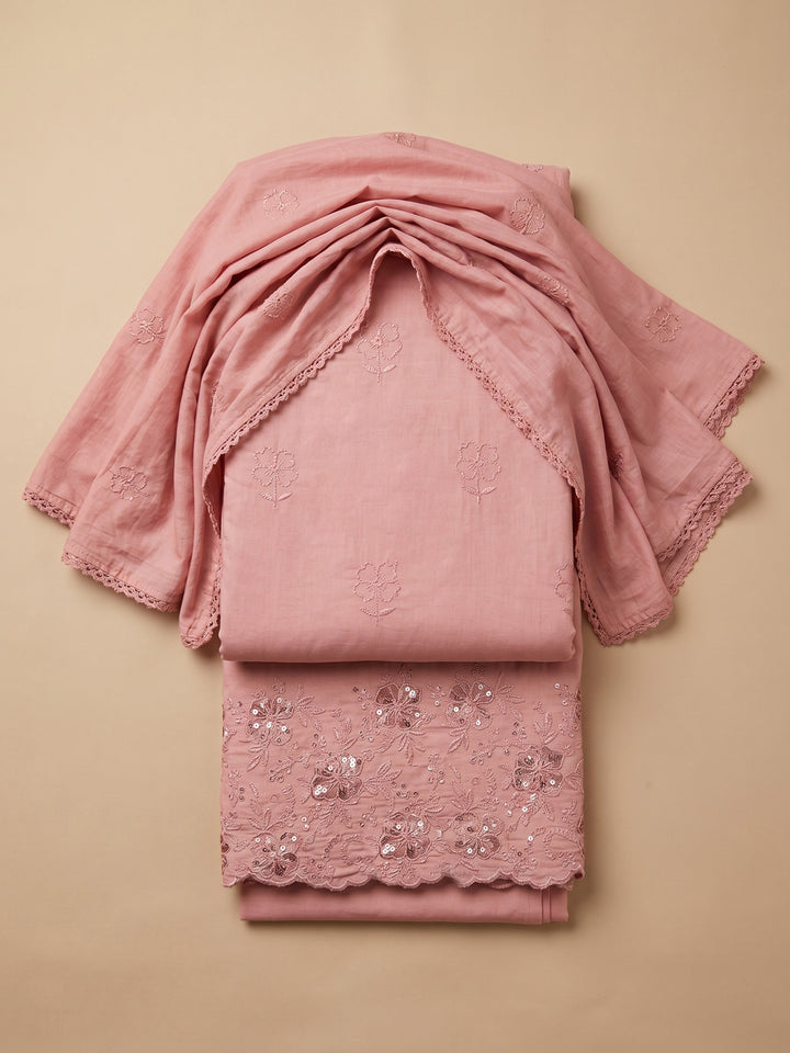 Peach Lt Embroidered Cotton Blend Unstitched Suit &amp; Pant With Cotton Dupatta