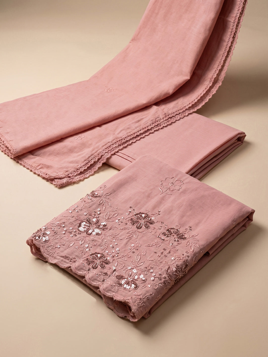 Peach Lt Embroidered Cotton Blend Unstitched Suit &amp; Pant With Cotton Dupatta