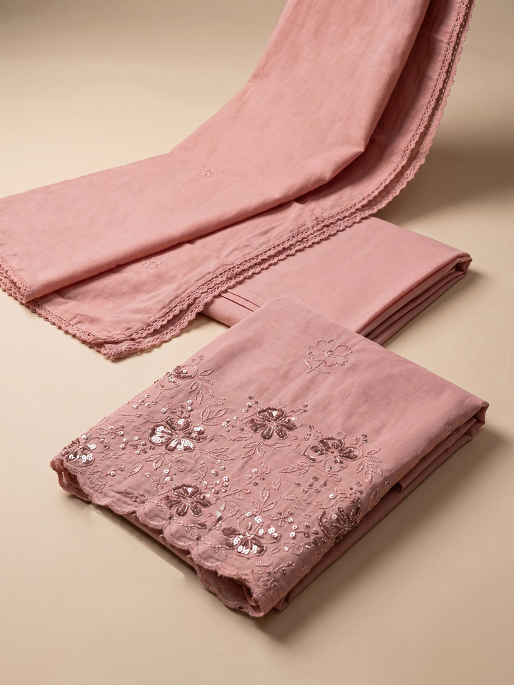 Peach Lt Embroidered Cotton Blend Unstitched Suit &amp; Pant With Cotton Dupatta