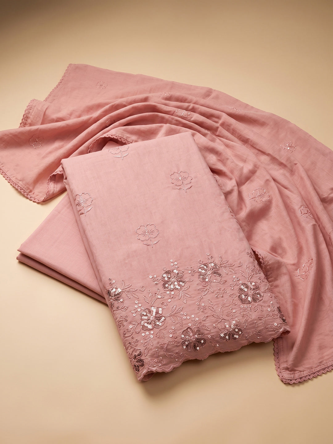 Peach Lt Embroidered Cotton Blend Unstitched Suit &amp; Pant With Cotton Dupatta
