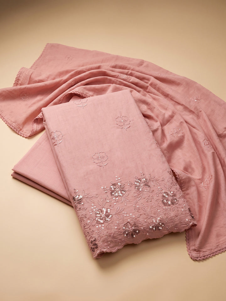 Peach Lt Embroidered Cotton Blend Unstitched Suit &amp; Pant With Cotton Dupatta