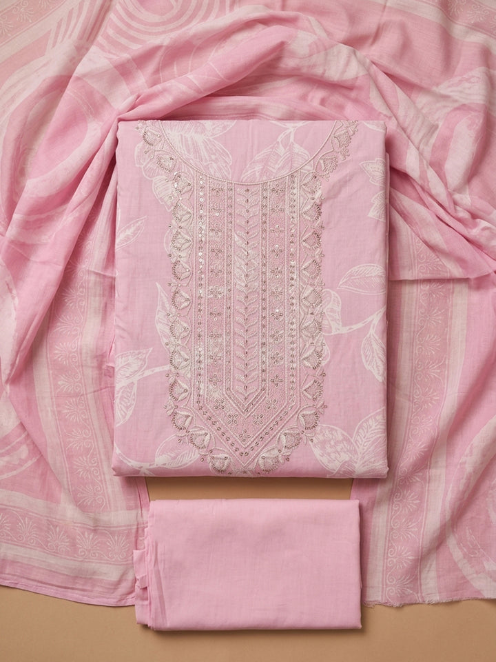 Pink Embroidered Cotton Blend Unstitched Suit With Pant &amp; Dupatta