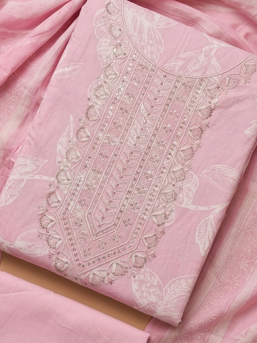 Pink Embroidered Cotton Blend Unstitched Suit With Pant &amp; Dupatta