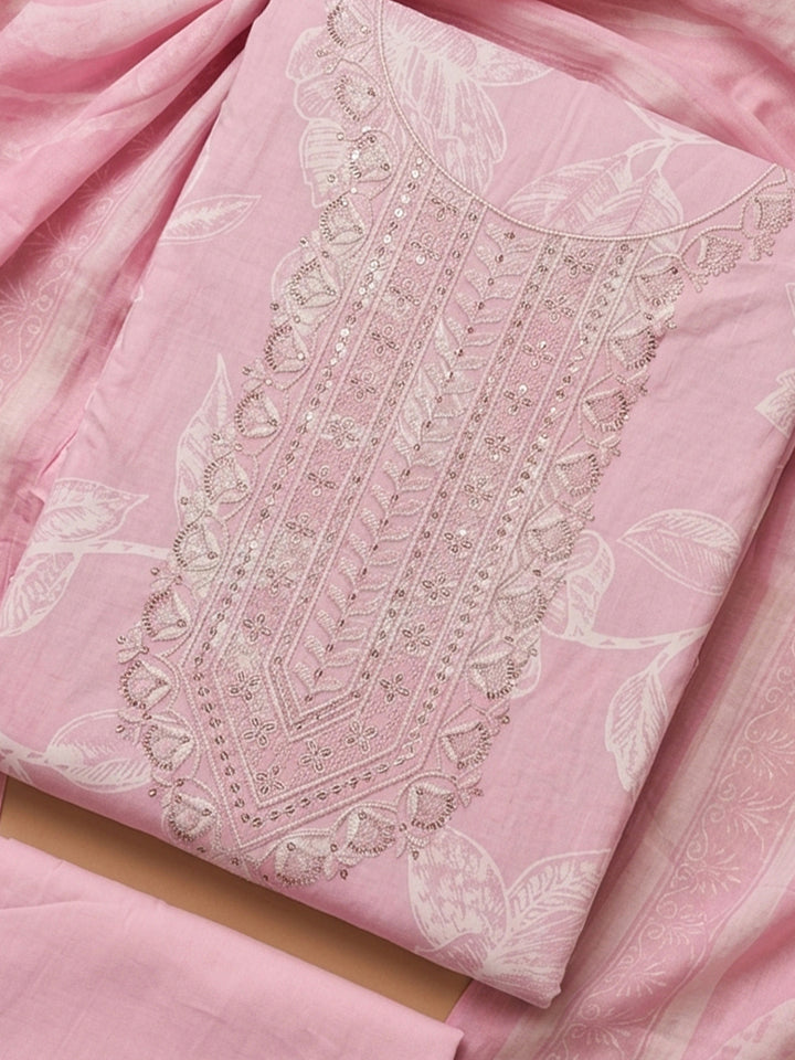 Pink Embroidered Cotton Blend Unstitched Suit With Pant &amp; Dupatta