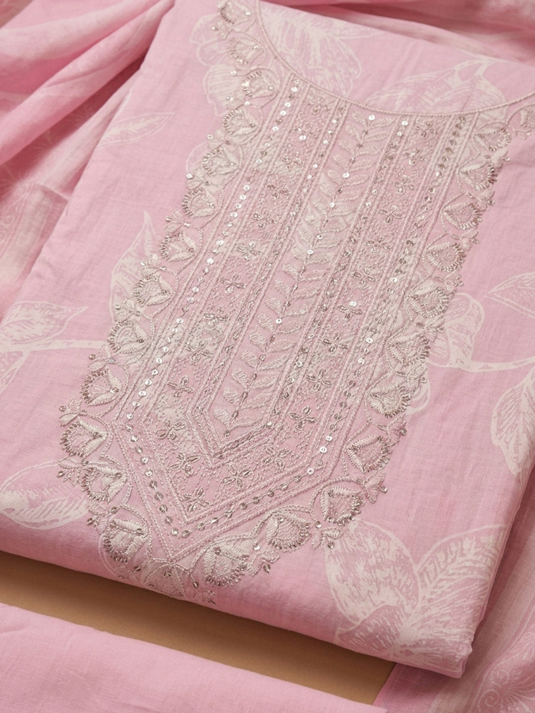 Pink Embroidered Cotton Blend Unstitched Suit With Pant &amp; Dupatta