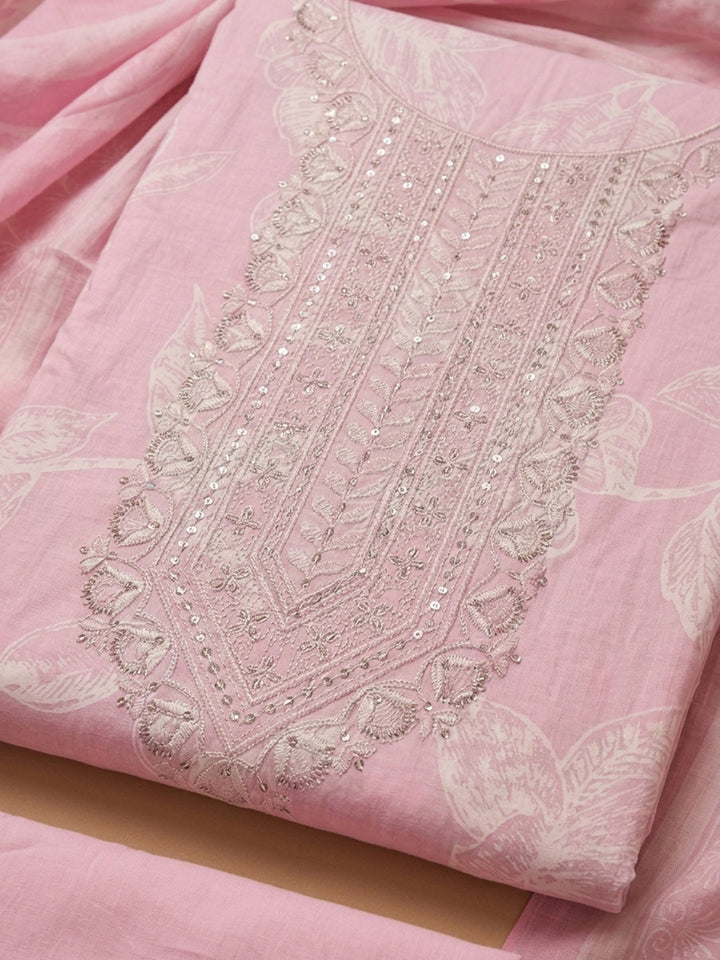 Pink Embroidered Cotton Blend Unstitched Suit With Pant &amp; Dupatta