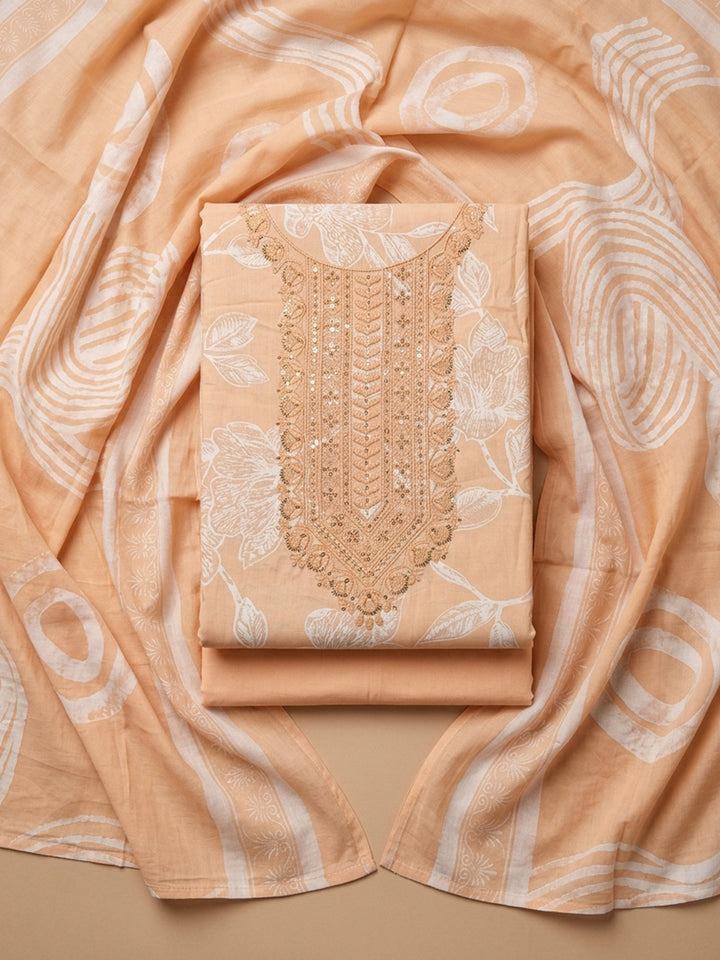 Rust Embroidered Cotton Blend Unstitched Suit With Pant &amp; Dupatta