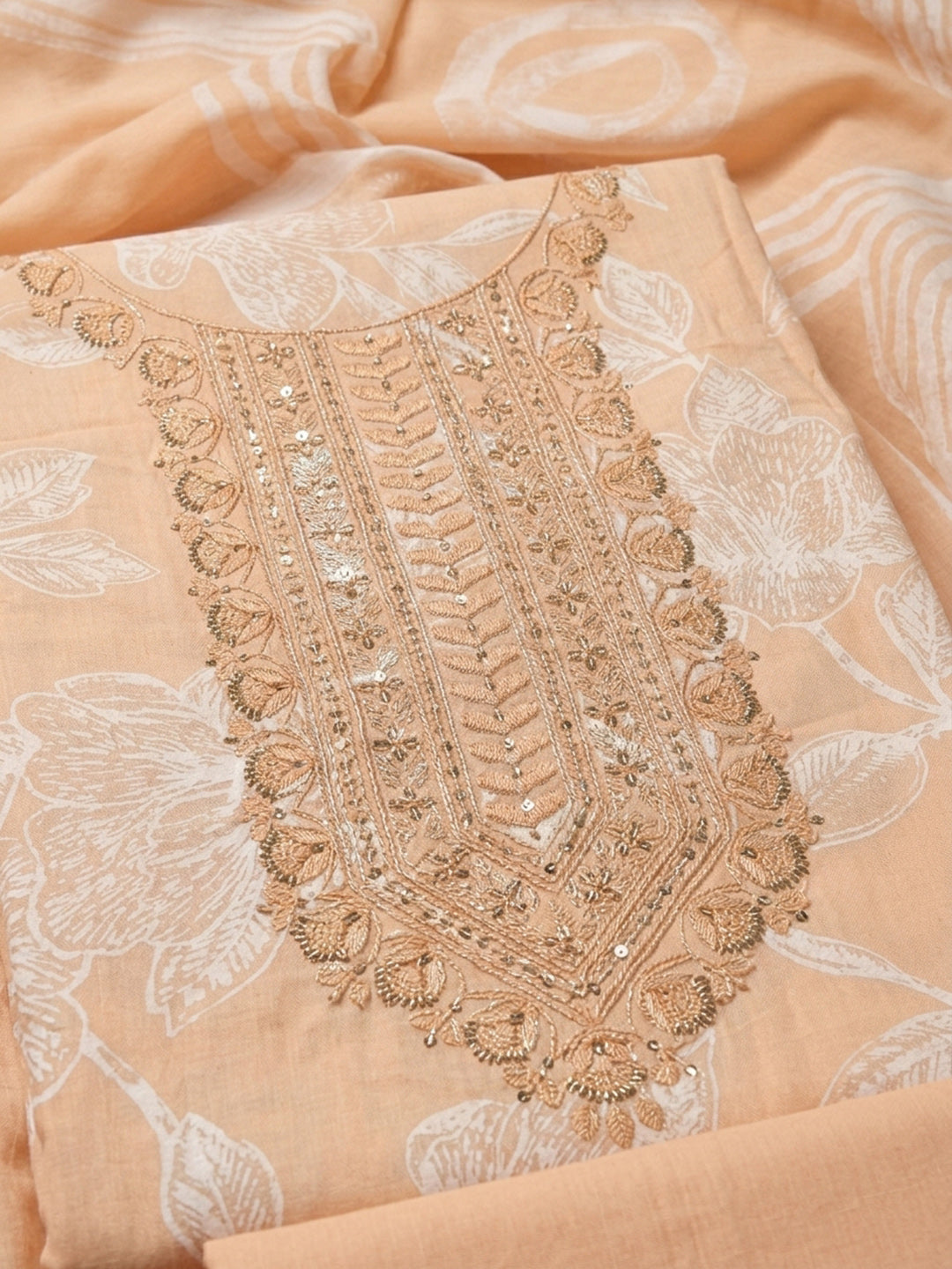 Rust Embroidered Cotton Blend Unstitched Suit With Pant &amp; Dupatta
