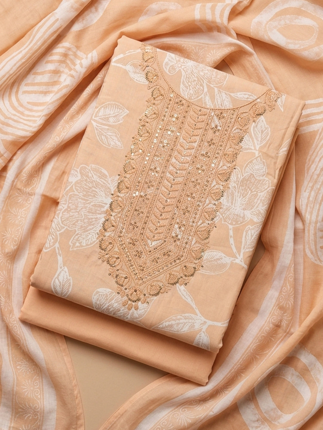 Rust Embroidered Cotton Blend Unstitched Suit With Pant &amp; Dupatta