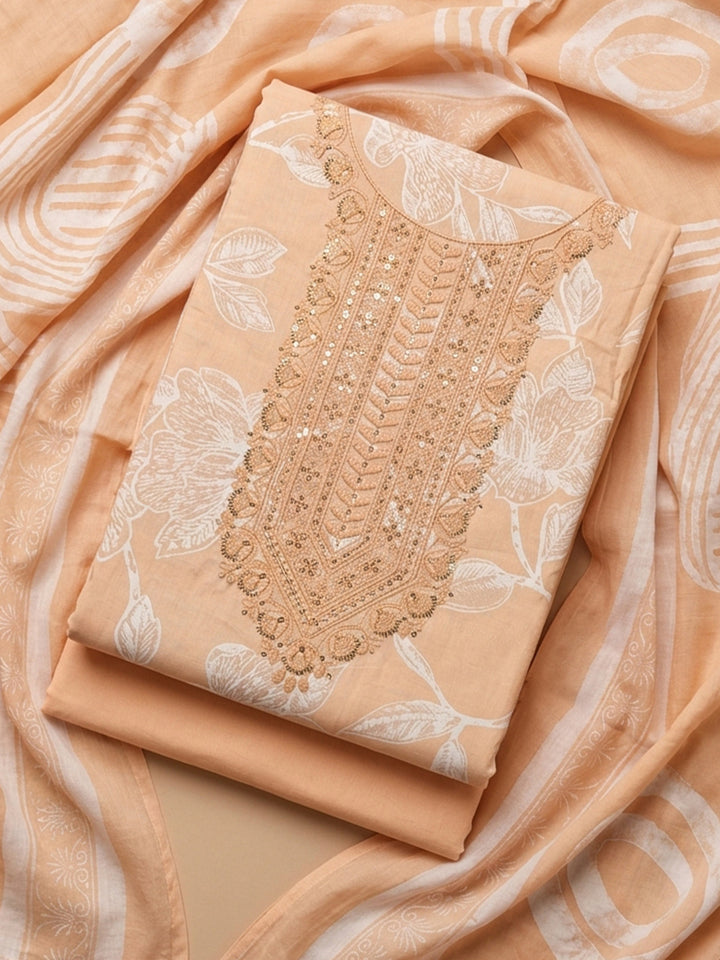 Rust Embroidered Cotton Blend Unstitched Suit With Pant &amp; Dupatta