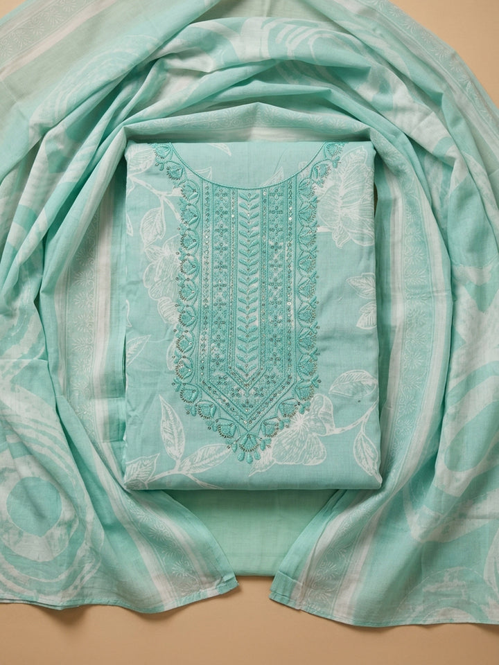 Sea Green Embroidered Cotton Blend Unstitched Suit With Pant &amp; Dupatta