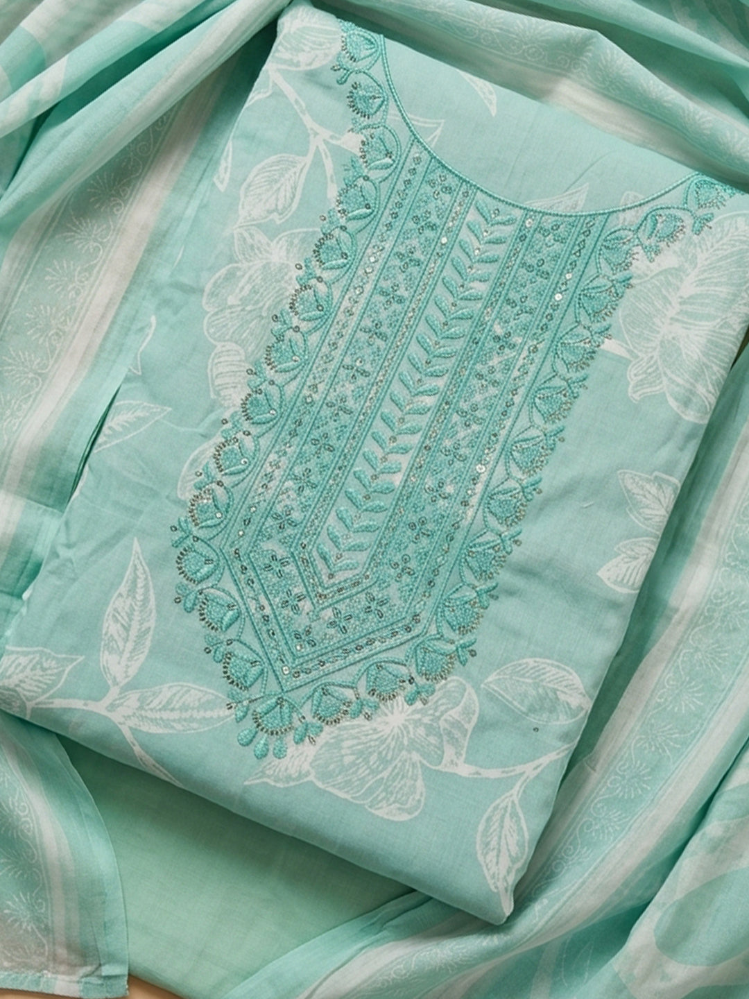 Sea Green Embroidered Cotton Blend Unstitched Suit With Pant &amp; Dupatta