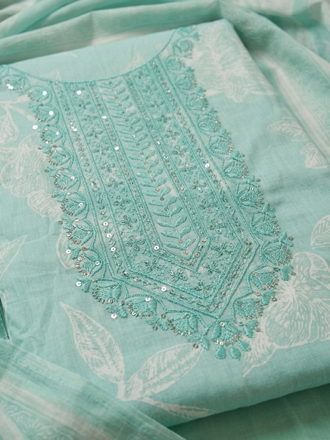 Sea Green Embroidered Cotton Blend Unstitched Suit With Pant &amp; Dupatta