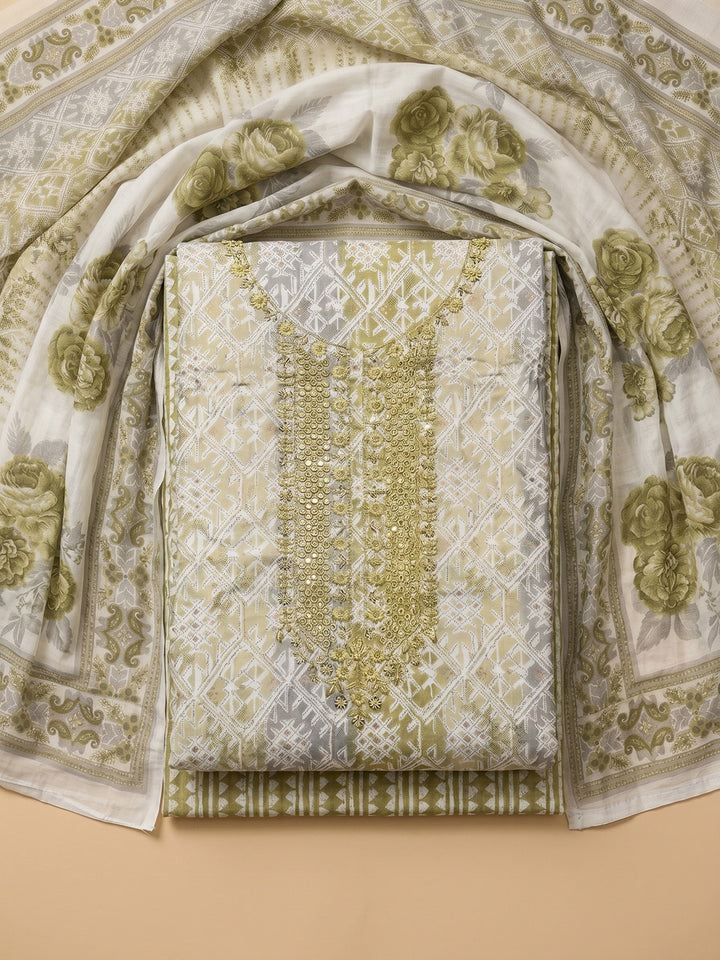Olive Green Embroidered Cotton Blend Unstitched Suit With Pant &amp; Dupatta