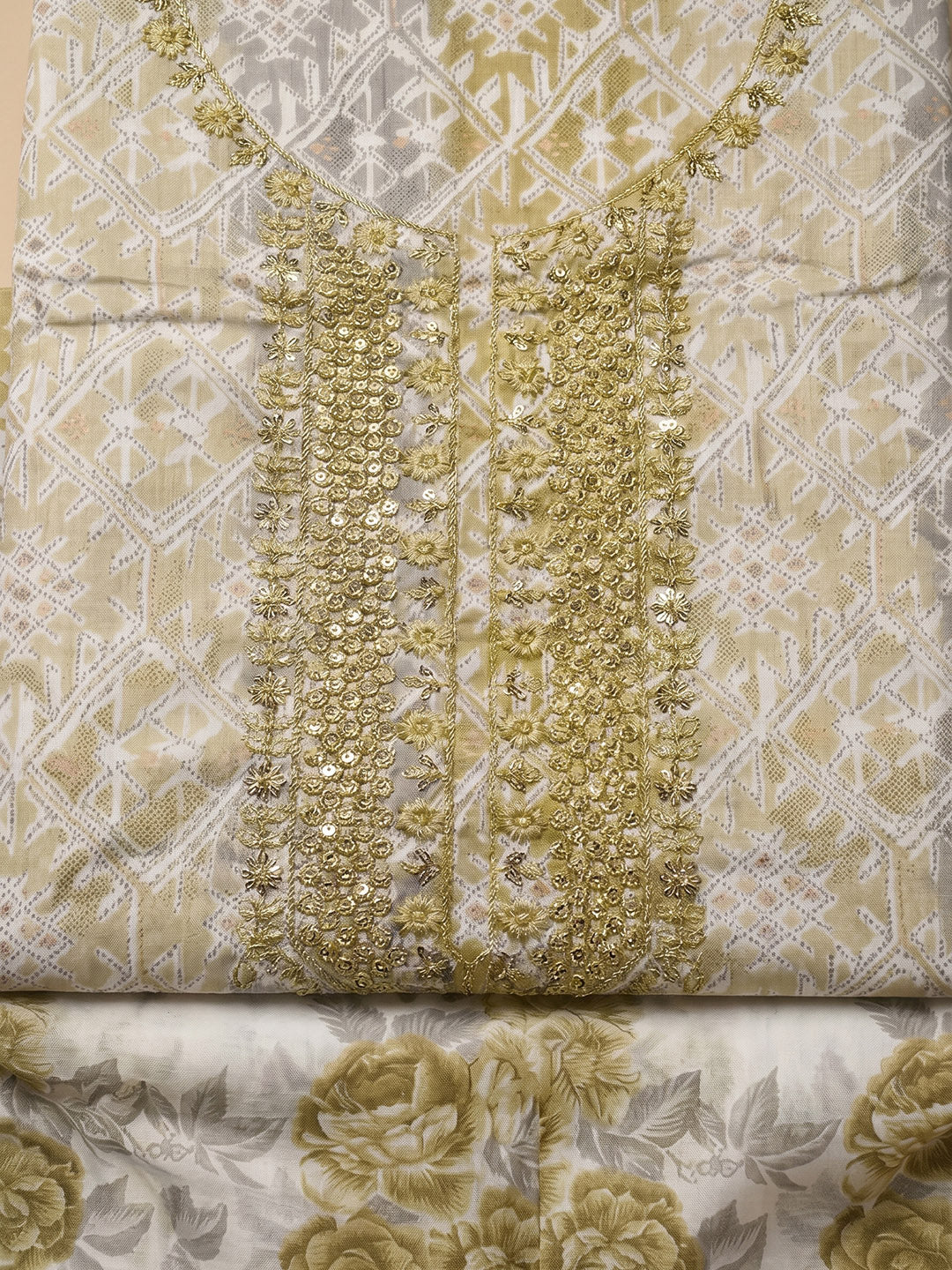 Olive Green Embroidered Cotton Blend Unstitched Suit With Pant &amp; Dupatta