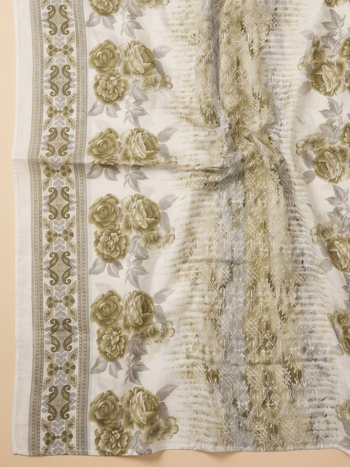 Olive Green Embroidered Cotton Blend Unstitched Suit With Pant &amp; Dupatta