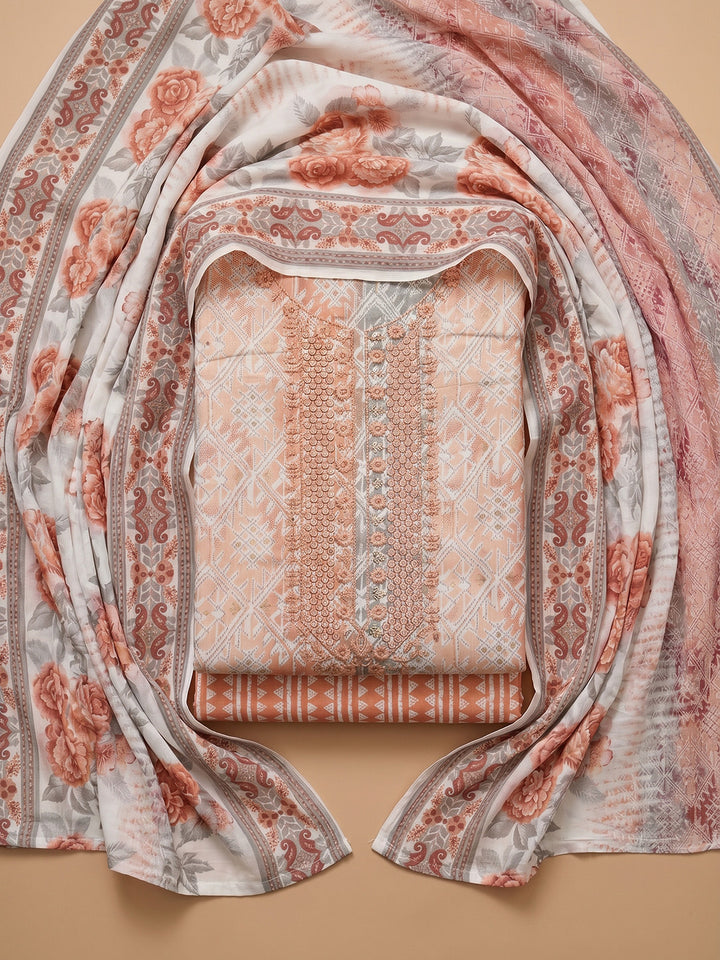 Peach Embroidered Cotton Blend Unstitched Suit With Pant &amp; Dupatta