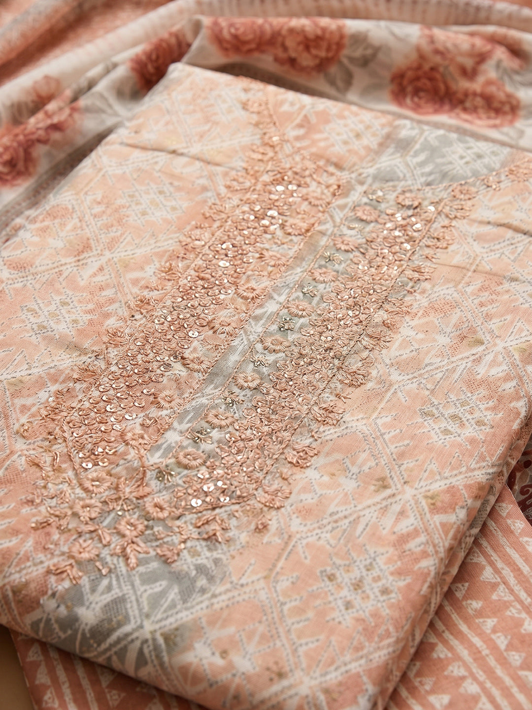 Peach Embroidered Cotton Blend Unstitched Suit With Pant &amp; Dupatta