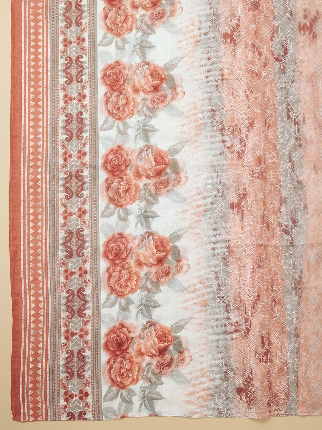 Peach Embroidered Cotton Blend Unstitched Suit With Pant &amp; Dupatta