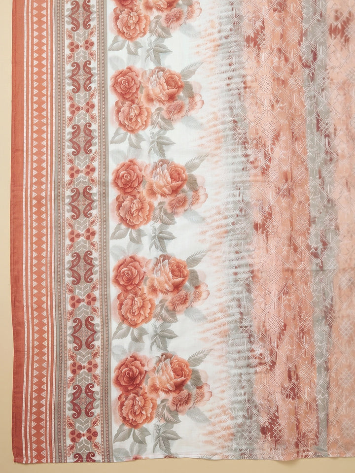 Peach Embroidered Cotton Blend Unstitched Suit With Pant &amp; Dupatta