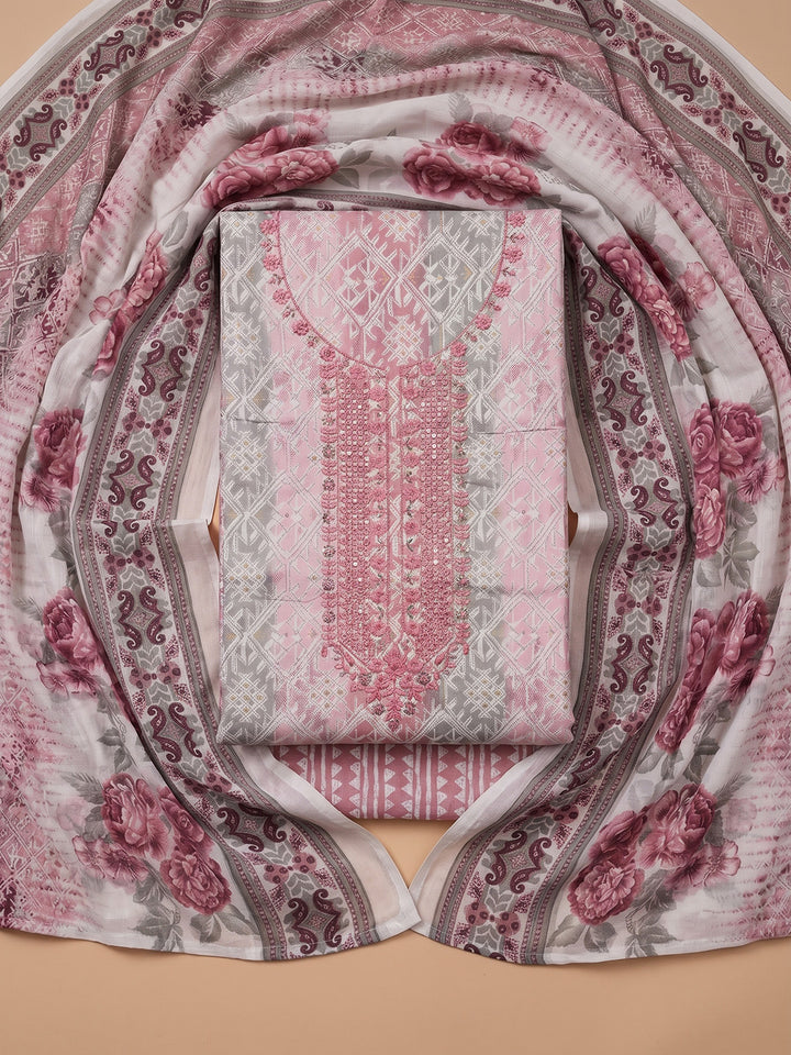 Pink Embroidered Cotton Blend Unstitched Suit With Pant &amp; Dupatta