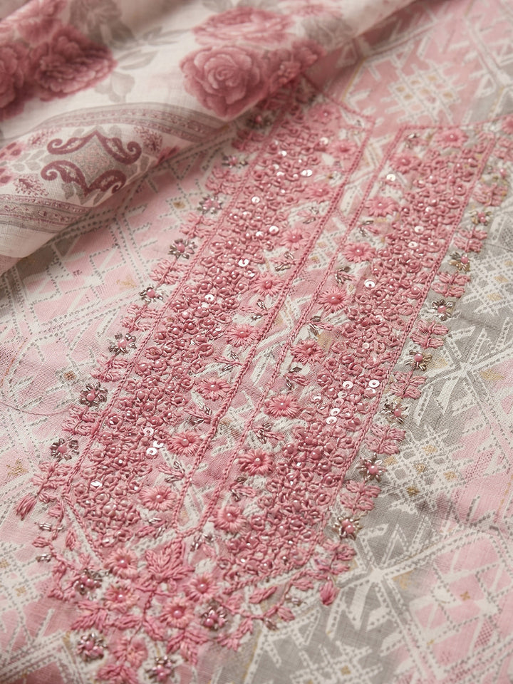 Pink Embroidered Cotton Blend Unstitched Suit With Pant &amp; Dupatta