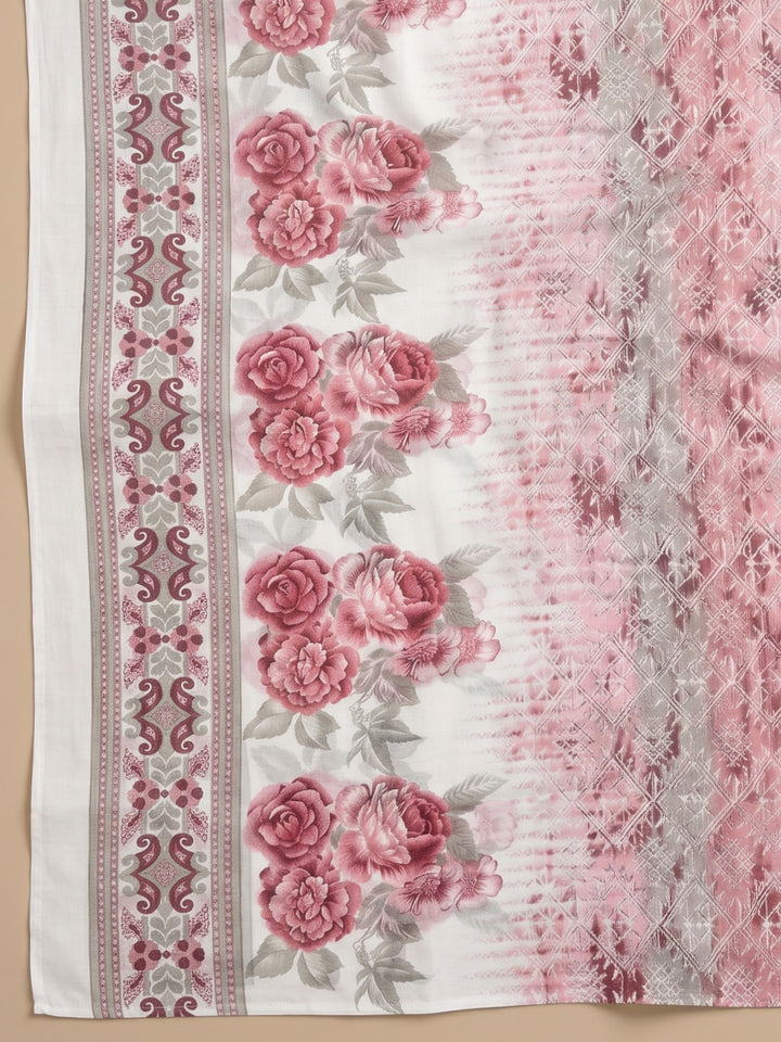 Pink Embroidered Cotton Blend Unstitched Suit With Pant &amp; Dupatta