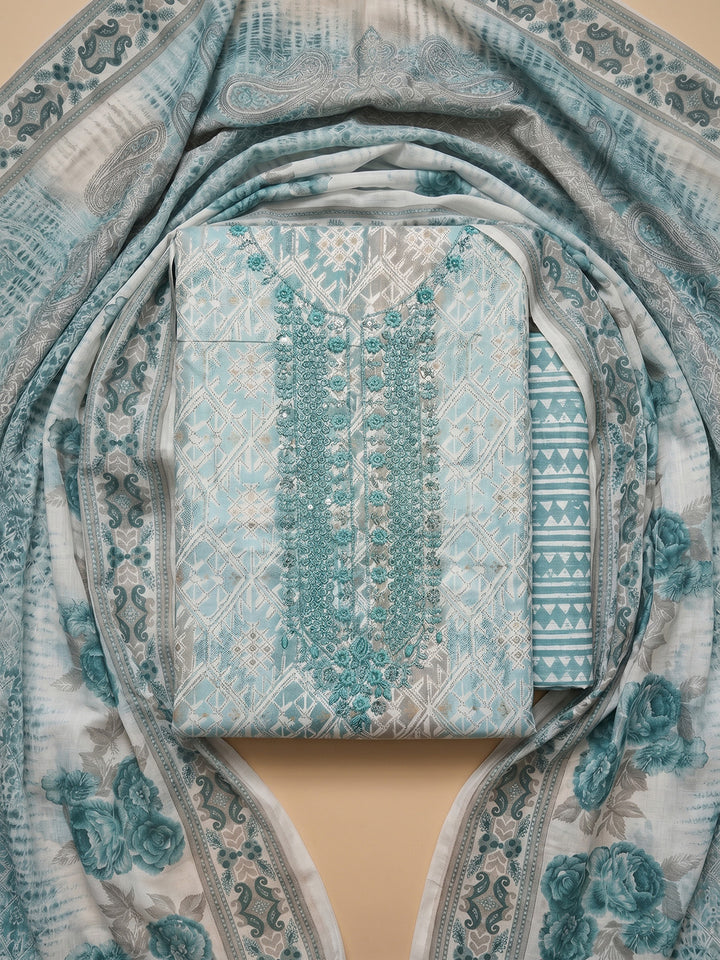 Sea Green Embroidered Cotton Blend Unstitched Suit With Pant &amp; Dupatta