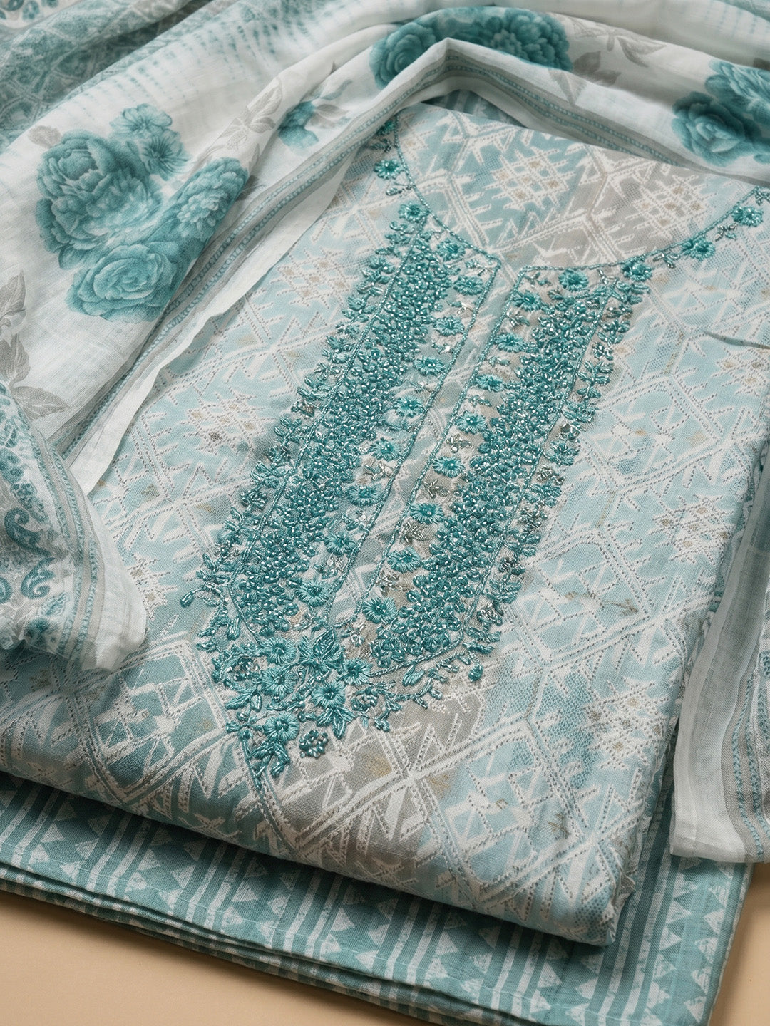 Sea Green Embroidered Cotton Blend Unstitched Suit With Pant &amp; Dupatta