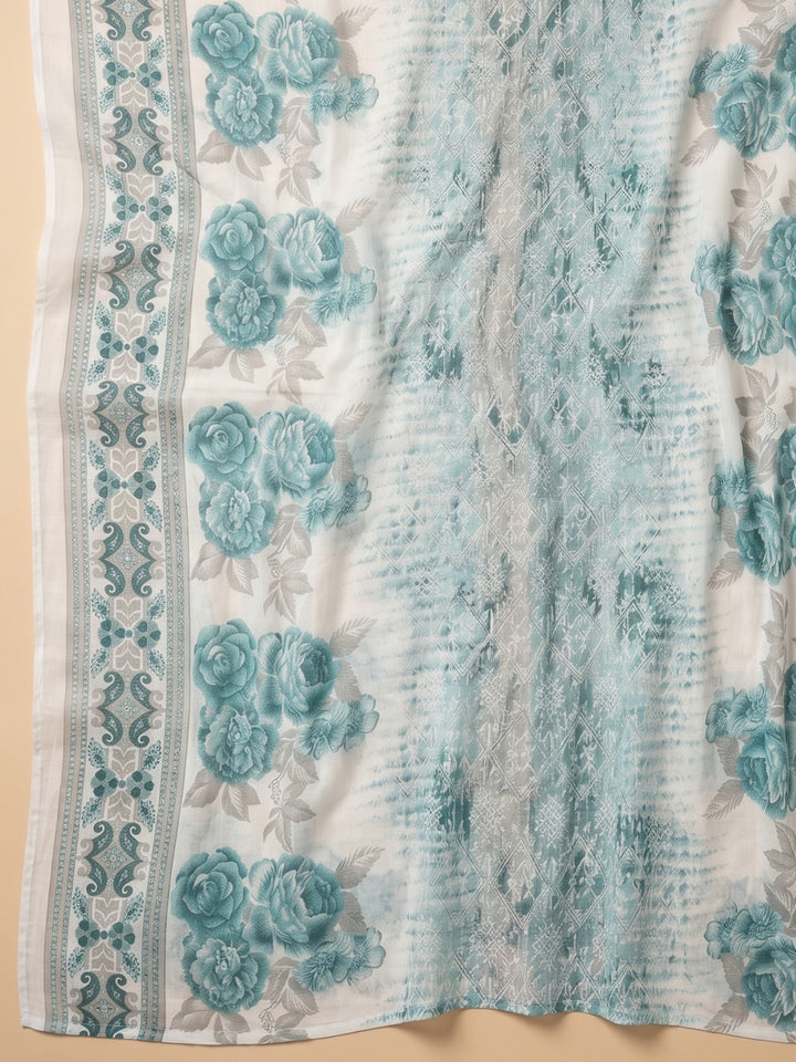 Sea Green Embroidered Cotton Blend Unstitched Suit With Pant &amp; Dupatta