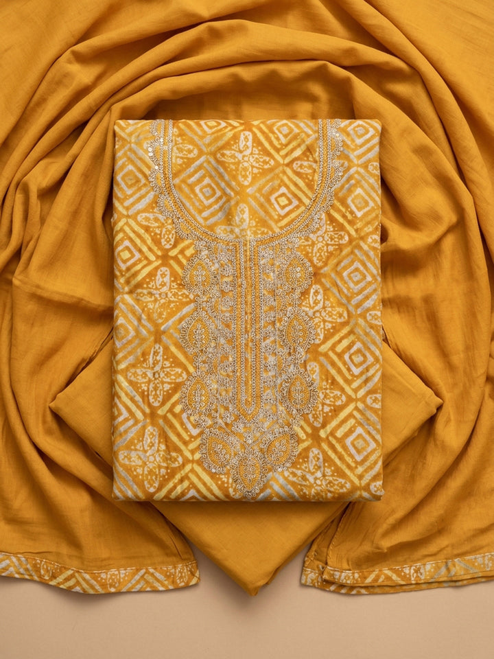 Mustard Embroidered Cotton Blend Unstitched Suit With Pant &amp; Dupatta