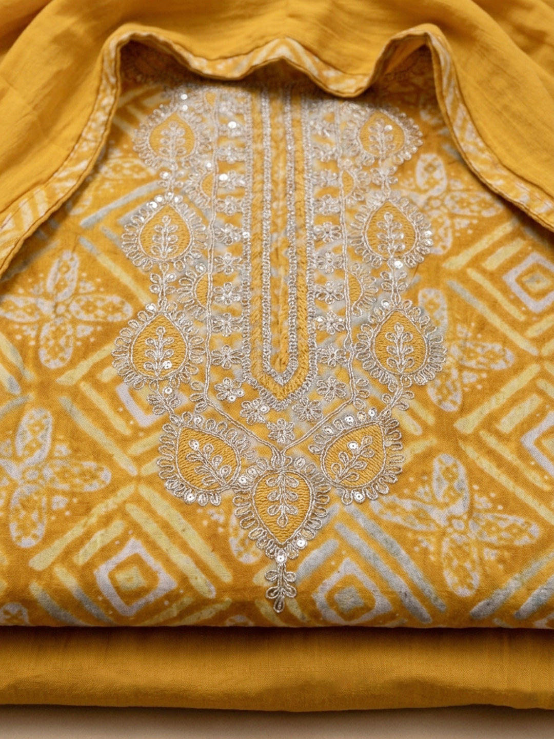 Mustard Embroidered Cotton Blend Unstitched Suit With Pant &amp; Dupatta