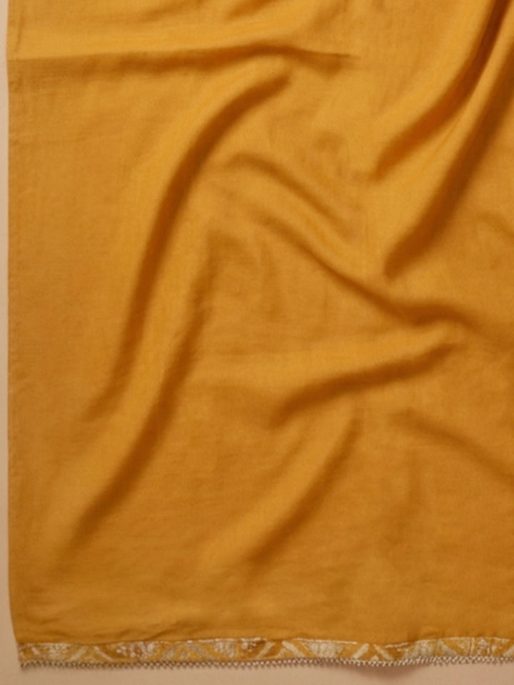 Mustard Embroidered Cotton Blend Unstitched Suit With Pant &amp; Dupatta