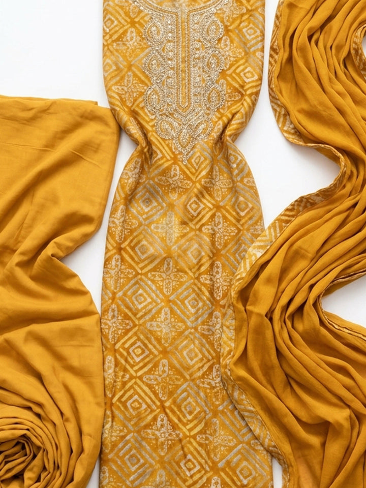 Mustard Embroidered Cotton Blend Unstitched Suit With Pant &amp; Dupatta