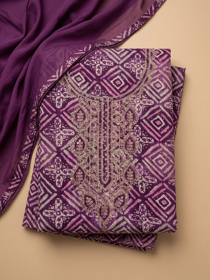 Purple Embroidered Cotton Blend Unstitched Suit With Pant &amp; Dupatta