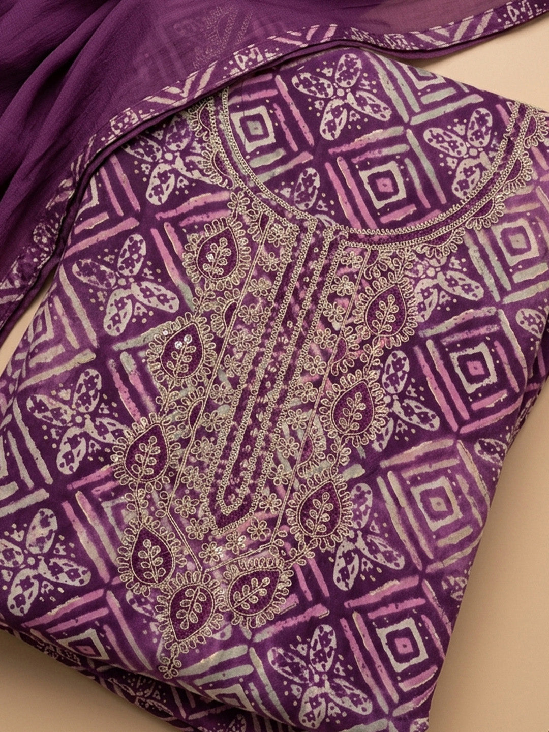 Purple Embroidered Cotton Blend Unstitched Suit With Pant &amp; Dupatta