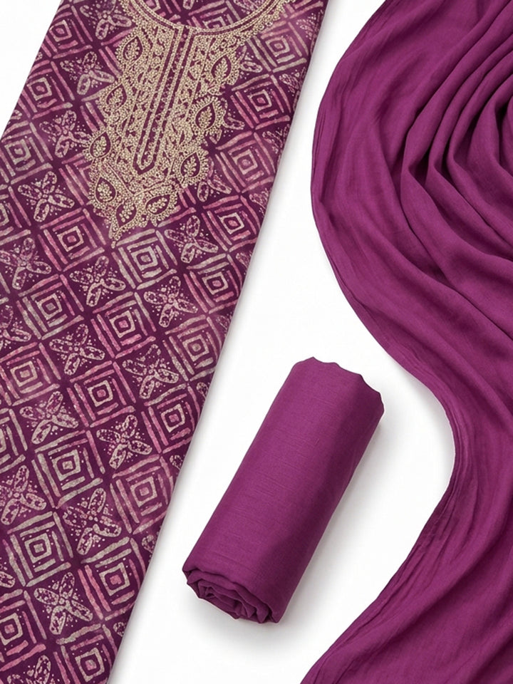 Purple Embroidered Cotton Blend Unstitched Suit With Pant &amp; Dupatta