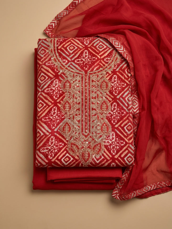 Red Embroidered Cotton Blend Unstitched Suit With Pant &amp; Dupatta