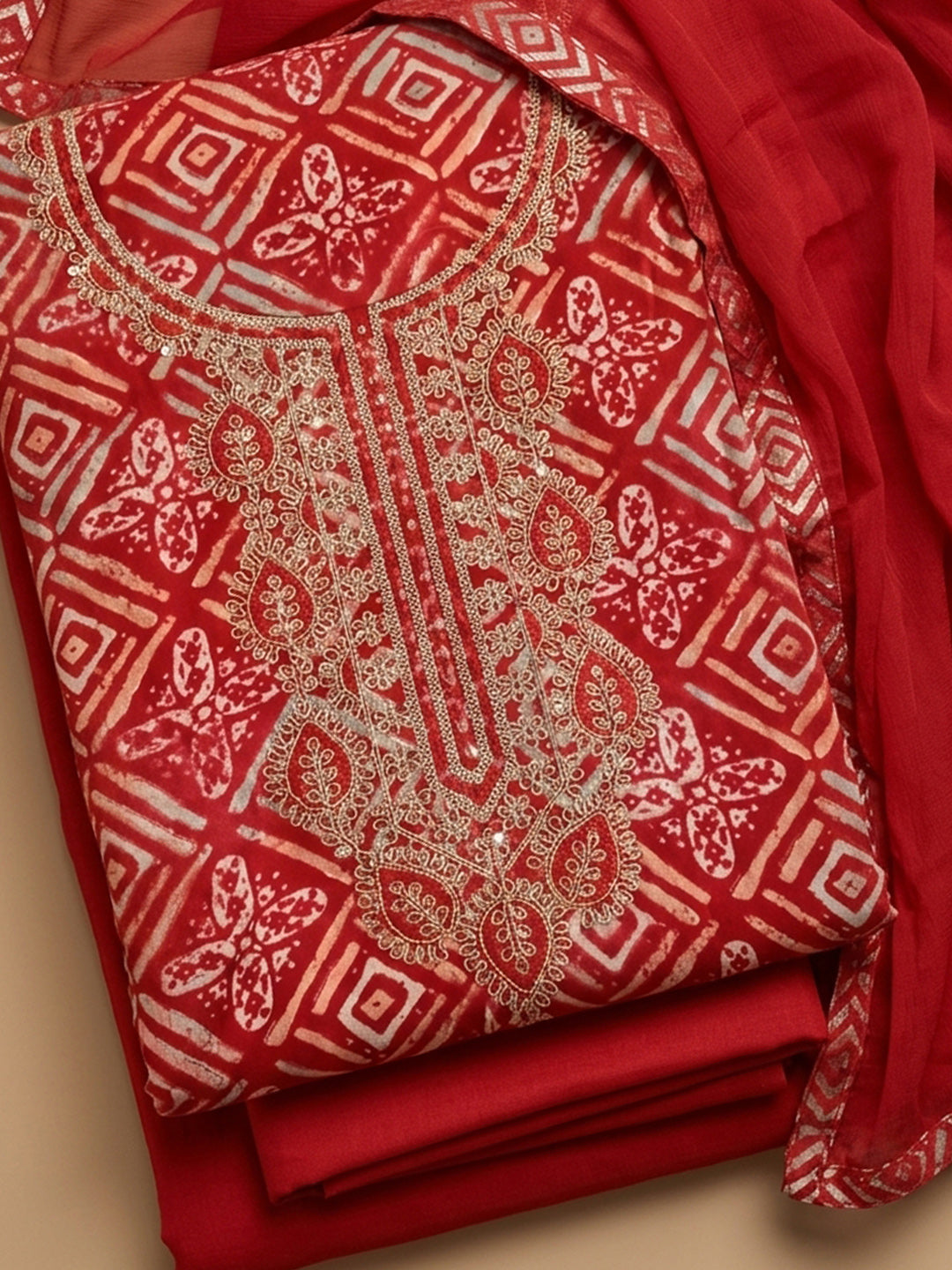 Red Embroidered Cotton Blend Unstitched Suit With Pant &amp; Dupatta