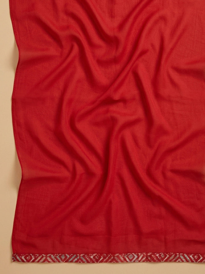 Red Embroidered Cotton Blend Unstitched Suit With Pant &amp; Dupatta