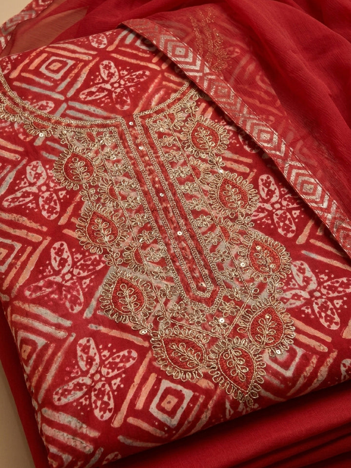 Red Embroidered Cotton Blend Unstitched Suit With Pant &amp; Dupatta