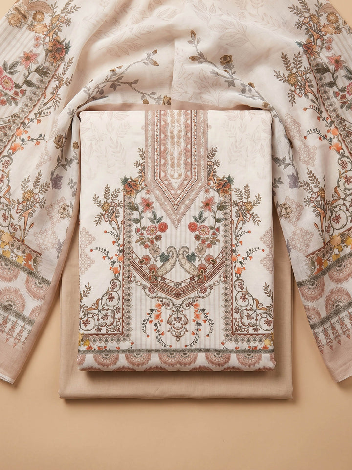 Cream Printed Cotton Blend Unstitched Suit &amp; Pant With Cotton Dupatta