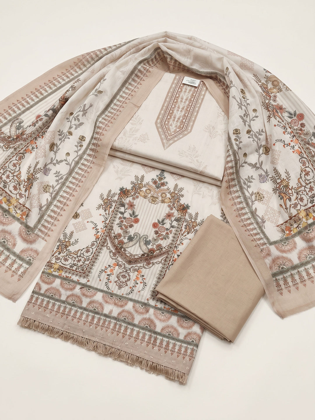 Cream Printed Cotton Blend Unstitched Suit &amp; Pant With Cotton Dupatta