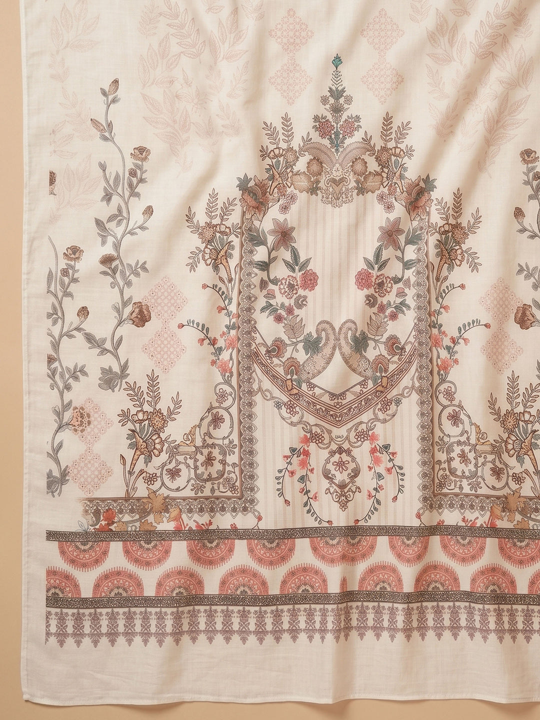 Cream Printed Cotton Blend Unstitched Suit &amp; Pant With Cotton Dupatta