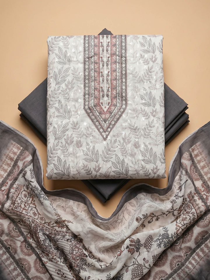 Grey Printed Cotton Blend Unstitched Suit &amp; Pant With Cotton Dupatta