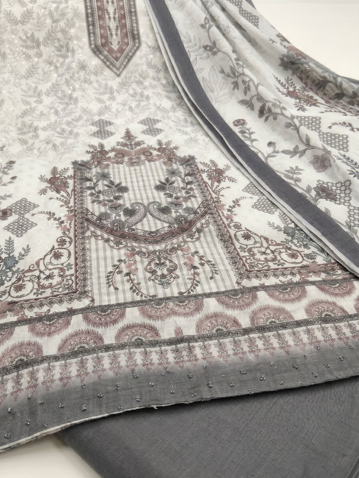 Grey Printed Cotton Blend Unstitched Suit &amp; Pant With Cotton Dupatta