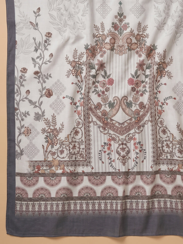 Grey Printed Cotton Blend Unstitched Suit &amp; Pant With Cotton Dupatta