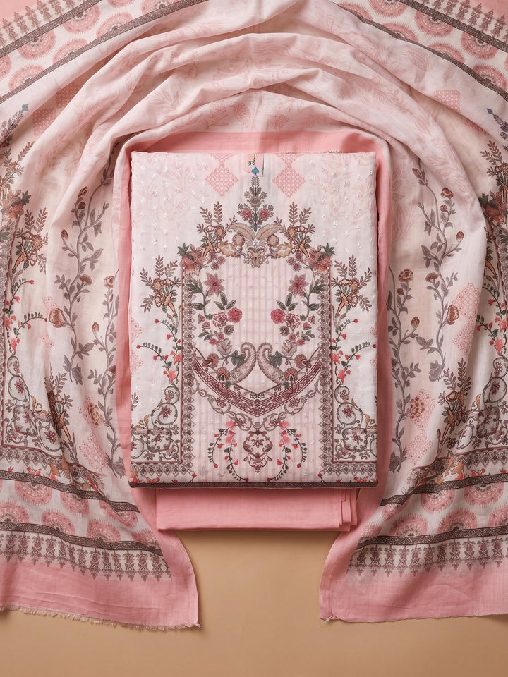 Peach Printed Cotton Blend Unstitched Suit &amp; Pant With Cotton Dupatta