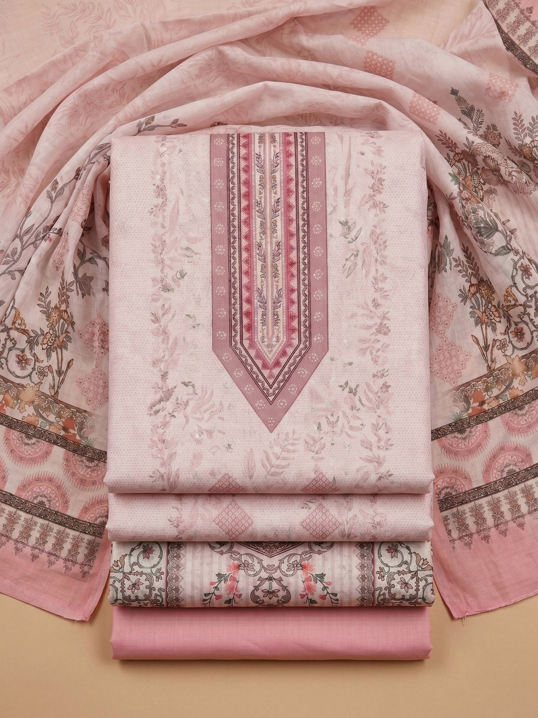 Peach Printed Cotton Blend Unstitched Suit &amp; Pant With Cotton Dupatta